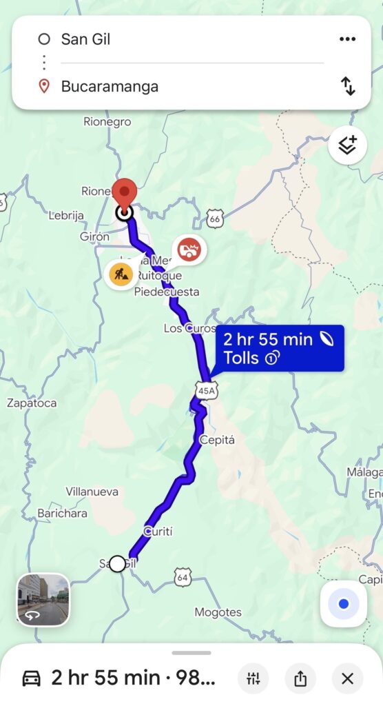 How to Get to San Gil, Colombia: Buses, Routes, Prices, and All You Need to Know (2026) Google map of the distance between Bucaramanga and San Gil in Colombia